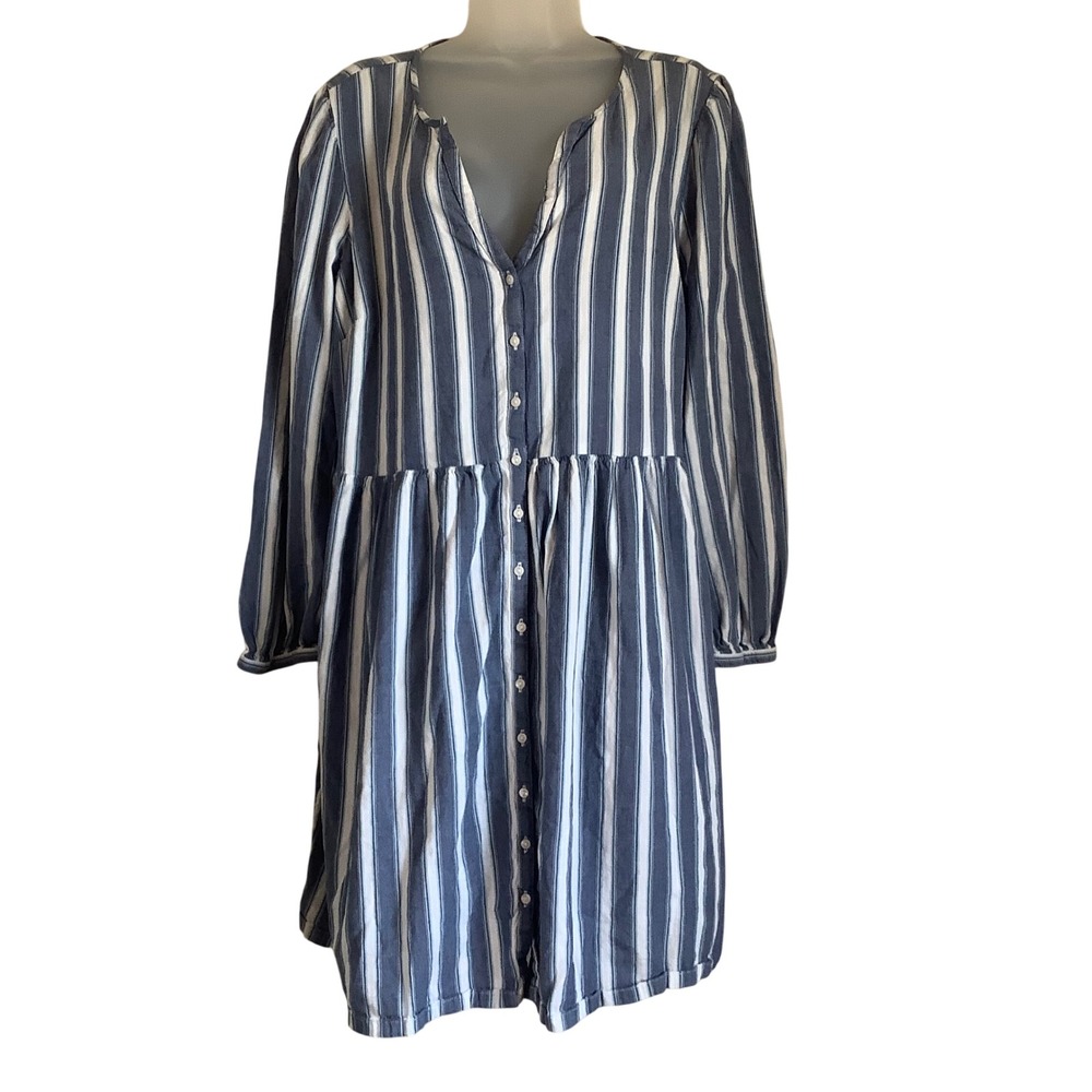 Old Navy Womens XL Blue White Striped Button Front Babydoll Mini Dress Long SLV